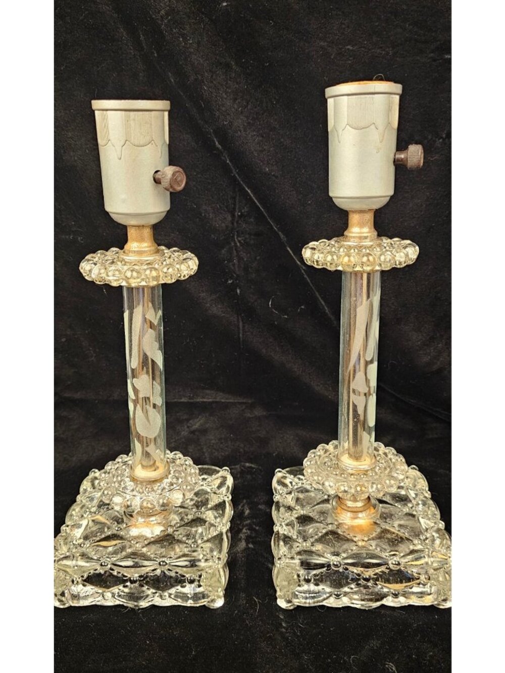 Vintage Pair Of Berwick Crystal Table Lamps With Etched Glass Columns & Candlewi